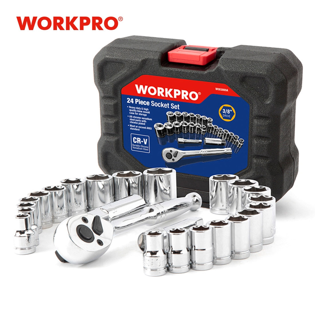 WORKPRO 24PCS Tool Set Wrench Socket Set 3/8&quot; Ratchet Wrench Socket Spanner 14-64pcs