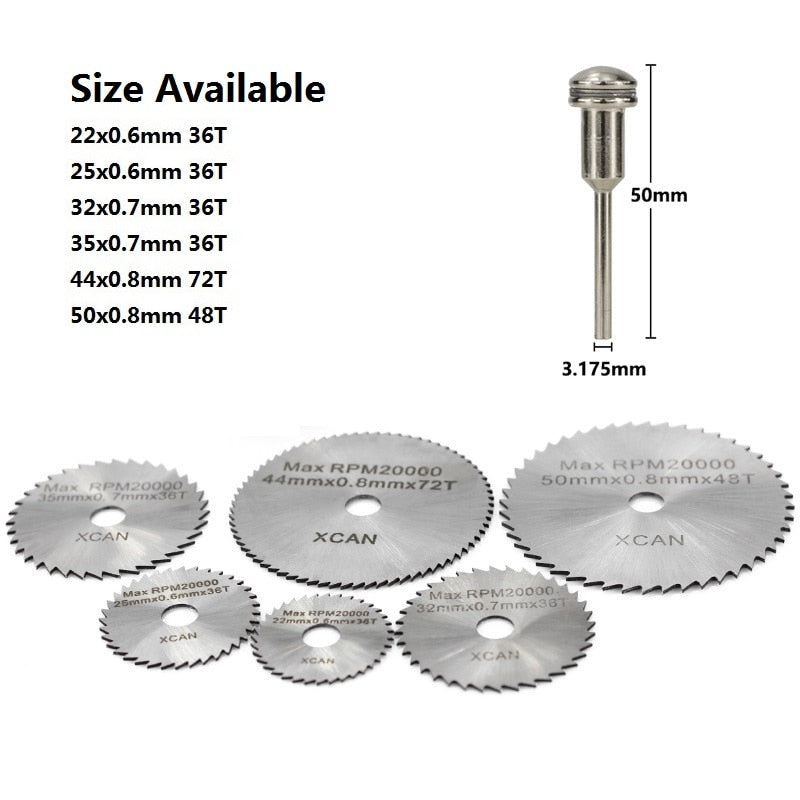 XCAN 3.175mm Shank HSS Rotary Tools Circular Saw Blades Cutting Discs with Mandrel Cut off Mini Saw Blade