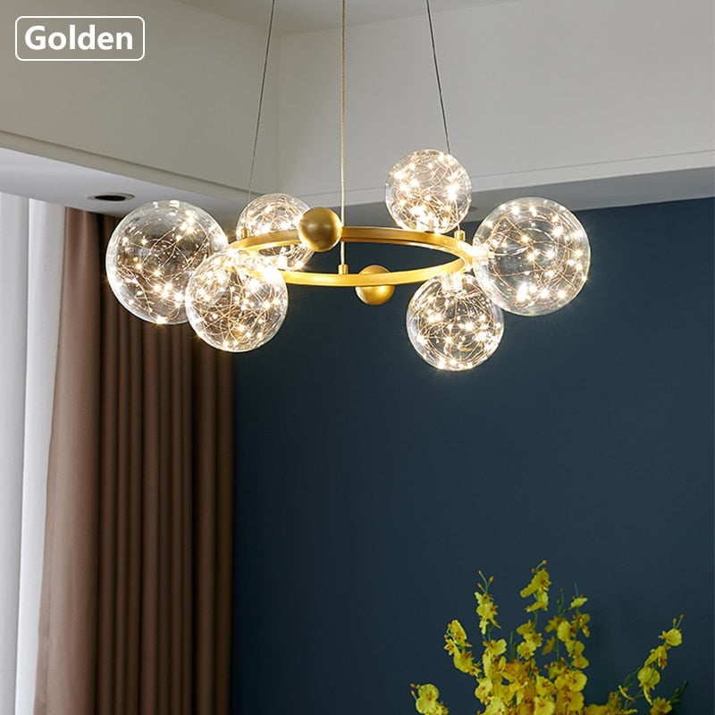 Creative Chandelier Circle Lights Clear Glass Ball Ceiling Hanging Lamp Romantic Star Living Room Decor Led Lighting Gold