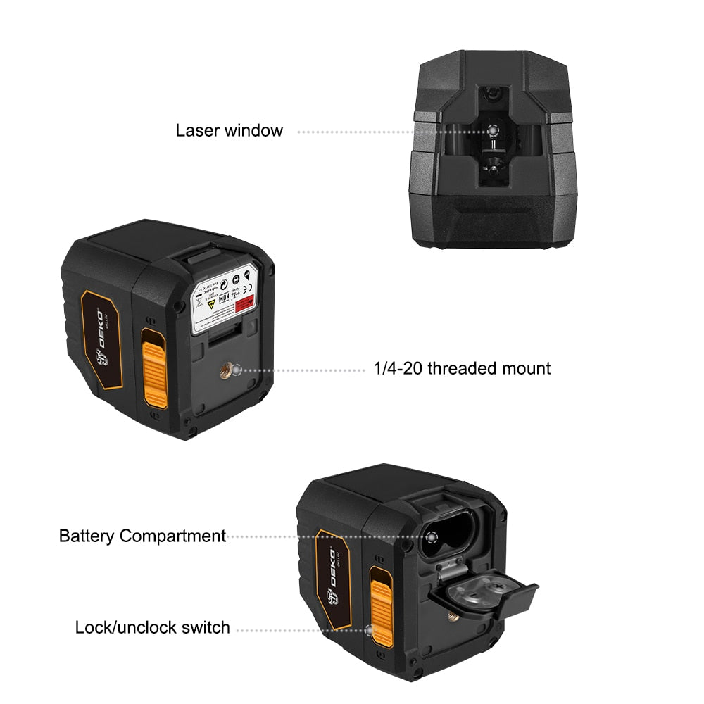 DEKO DKLL02G/R Mini Style Self-Leveling Laser Level Cross Line Laser With Red Light Source &amp; Adjustable Mounting Clamp