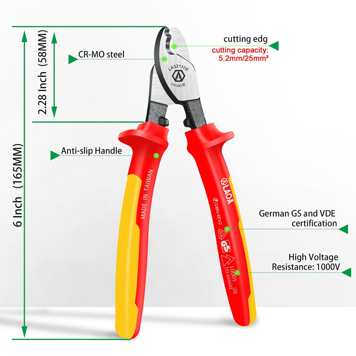 LAOA VDE Insulated Cable Cutter Wire Stripper Electrician Shears Pliers Scissors 1000V German Certification Cr-Mo Cutting Tools