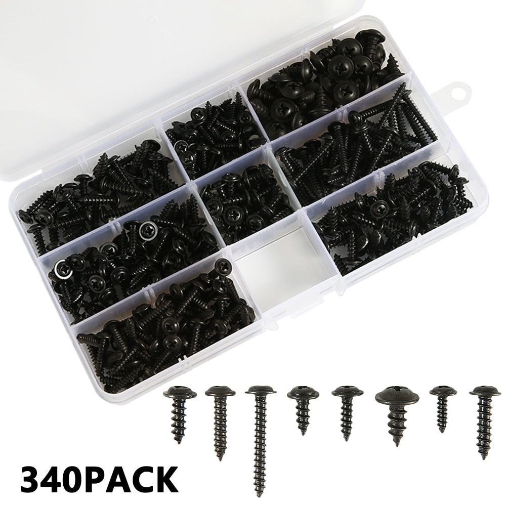 215/340/500pcs Pan Head Tapping Screw Cross Head M3/M4/M4.8 Self Tapping Screw Set Assortment Kit Black Furniture Carbon Steel