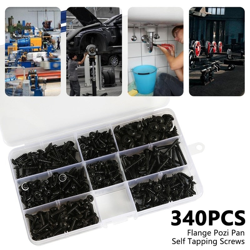 215/340/500pcs Pan Head Tapping Screw Cross Head M3/M4/M4.8 Self Tapping Screw Set Assortment Kit Black Furniture Carbon Steel