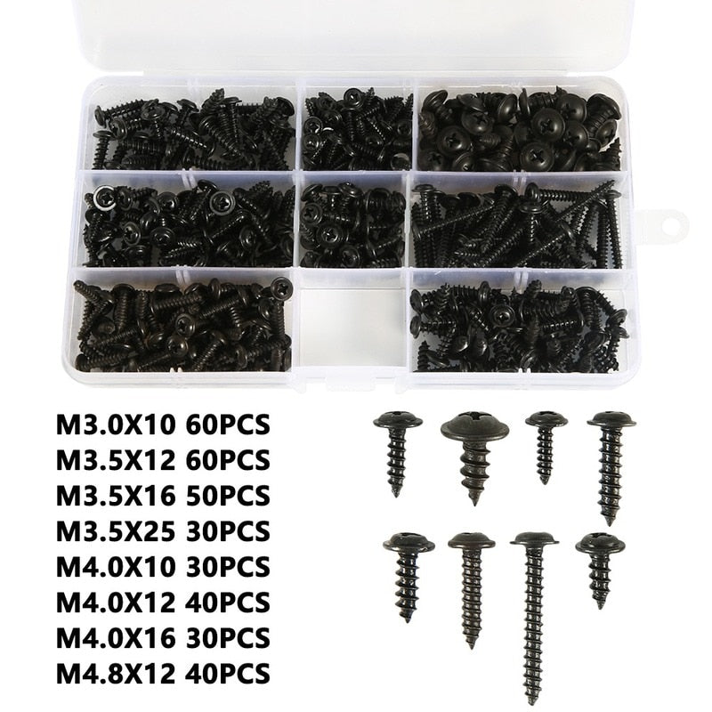 215/340/500pcs Pan Head Tapping Screw Cross Head M3/M4/M4.8 Self Tapping Screw Set Assortment Kit Black Furniture Carbon Steel