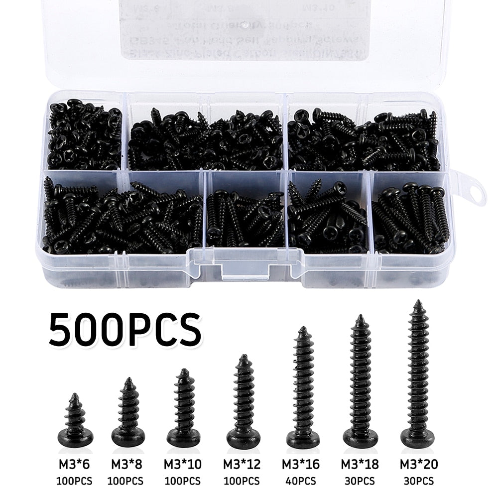 215/340/500pcs Pan Head Tapping Screw Cross Head M3/M4/M4.8 Self Tapping Screw Set Assortment Kit Black Furniture Carbon Steel