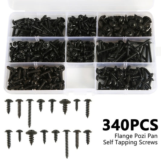 215/340/500pcs Pan Head Tapping Screw Cross Head M3/M4/M4.8 Self Tapping Screw Set Assortment Kit Black Furniture Carbon Steel